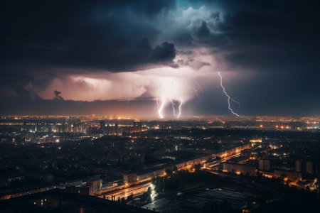Lightning over the night city. AI Generatedの素材