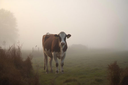 A cow grazes in the morning and a foggy landscape. AI Generatedの素材