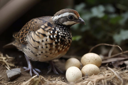 A quail lays eggs in a nest. AI Generatedの素材