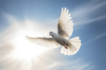 white dove against background of the sunny sky. AI Generatedの素材