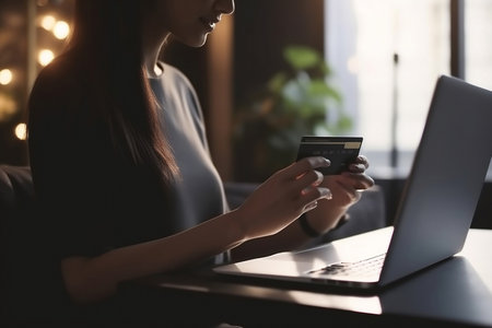 woman holding credit card using computer. AI Generatedの素材