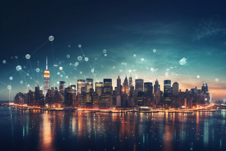 City with glowing icons business technology. AI Generatedの素材