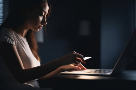 woman holding credit card using computer. AI Generatedの素材
