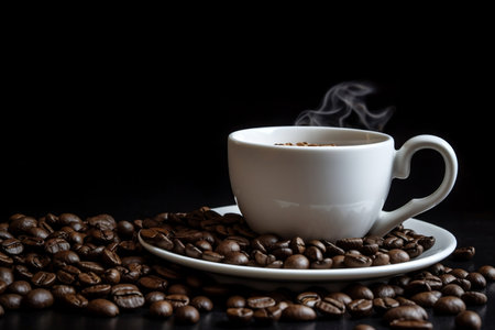 coffee in white cup and coffee beans. AI Generatedの素材