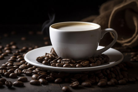 coffee in white cup and coffee beans. AI Generatedの素材