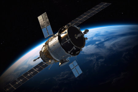 An artificial satellite orbiting the planet Earth. AI Generatedの素材