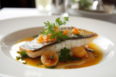 Fish dish on a plate. AI Generatedの素材