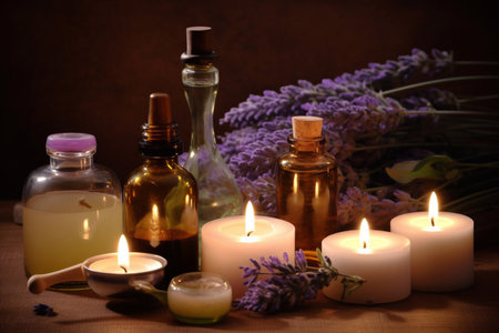 Aromatherapy candles and scented oils. AI Generatedの素材