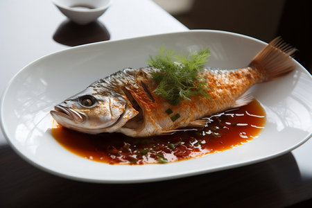 Fish dish on a plate. AI Generatedの素材