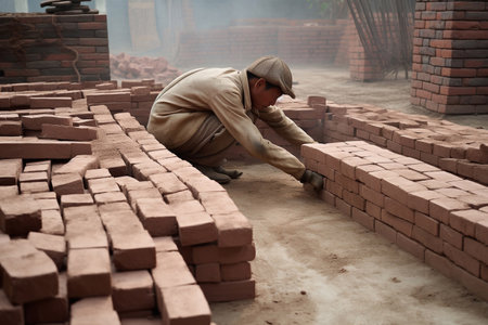 A worker lays bricks. AI Generatedの素材