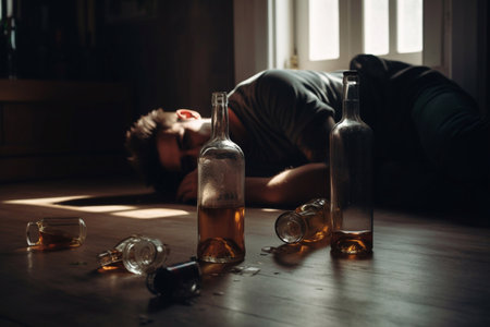 Alcoholism and drunk man with alcoholic drinks. AI Generatedの素材