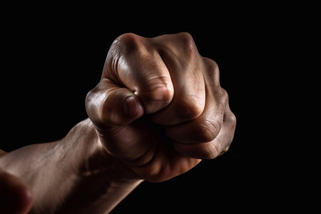 Fist close-up. Aggressor and hooligan. AI Generatedの素材