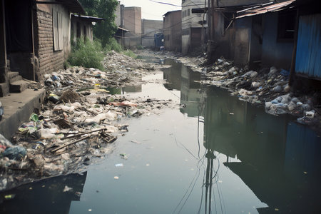 water pollution. Garbage in the river. AI Generatedの素材