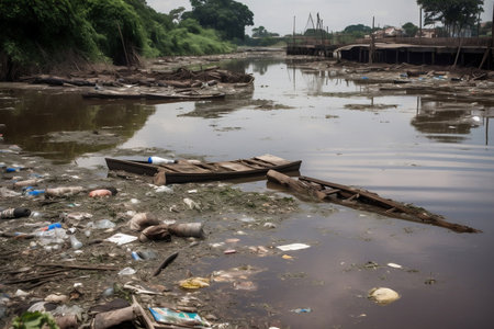 water pollution. Garbage in the river. AI Generatedの素材