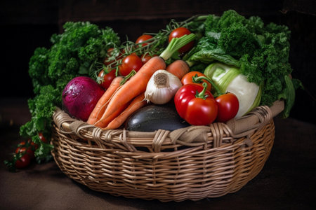 Vegetables in a basket. vegetable harvest. AI Generatedの素材