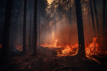 The forest is burning. fire in the forest. AI Generatedの素材