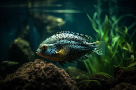 fish swims in an aquarium. AI Generatedの素材