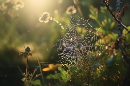Transparent web in summer morning. AI Generatedの素材