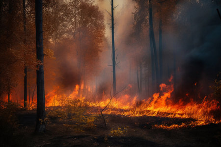 The forest is burning. fire in the forest. AI Generatedの素材