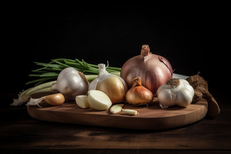 Garlic, onion and ginger. AI Generatedの素材