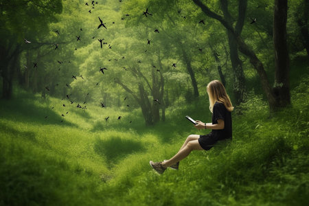 A woman works in nature. AI Generatedの素材