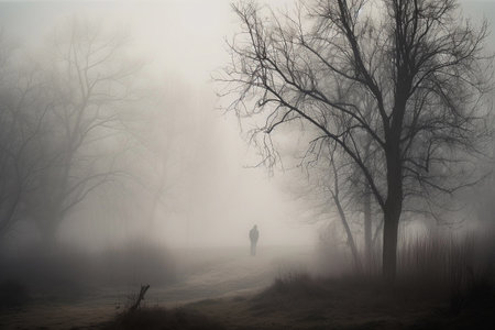 lonely passerby in the fog. AI Generatedの素材