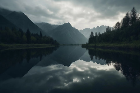 mountains reflection in water minimalism. AI Generatedの素材