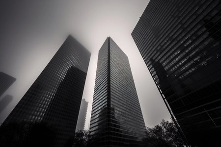 Skyscrapers of modern buildings in the fog. AI Generatedの素材