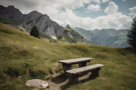 rest in the mountains and bench in mountains. AI Generatedの素材