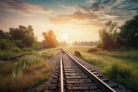 Railroad tracks during sunset. AI Generatedの素材