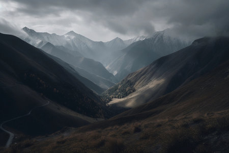 landscape with mountains. AI Generatedの素材