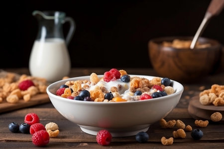 breakfast cereal with milk and berries. AI Generatedの素材