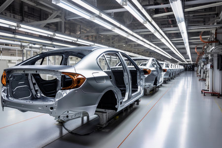 production of cars. Conveyor with cars. AI Generatedの素材