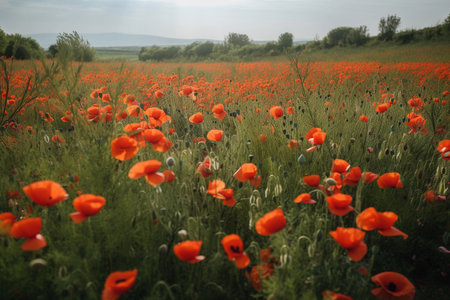 Red poppies in the field. landscape with poppies. AI Generatedの素材