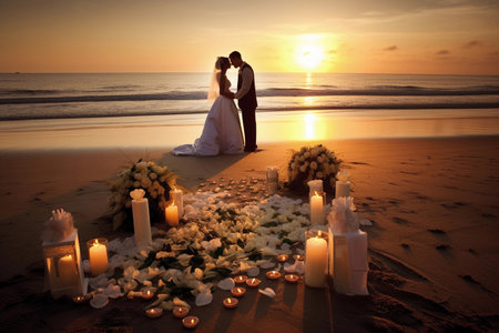 wedding photo. A beautiful newlywed couple at sunset. AI Generatedの素材