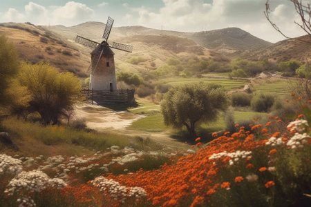 saffron valley landscape old windmill. AI Generatedの素材