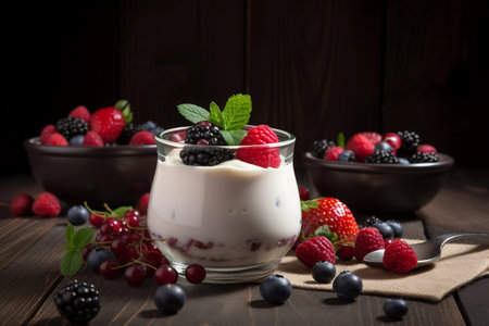 yogurt with berries. Healthy food and breakfast. AI Generatedの素材