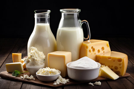 Dairy products. Milk, yoghurt and cheeses. AI Generatedの素材