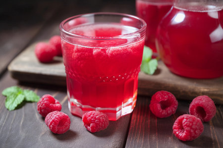 Raspberry juice in glasses. AI Generatedの素材