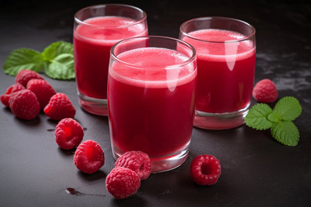 Raspberry juice in glasses. AI Generatedの素材