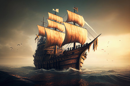 Ancient ship with sails. AI Generatedの素材