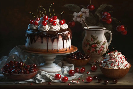 cakes with cream and cherries. AI Generatedの素材