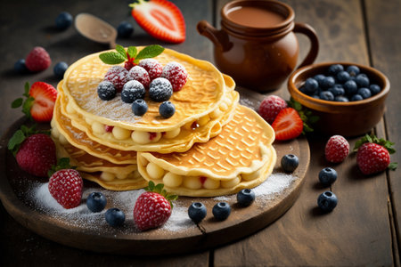 Pancakes with honey and berries. AI Generatedの素材