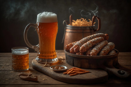 fried sausages and beer. AI Generatedの素材