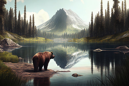 Brown bear and landscape. AI Generatedの素材