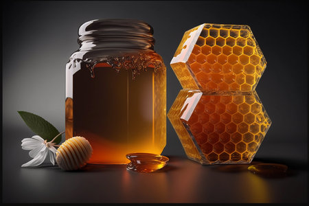 Honey and honeycombs with honey. AI Generatedの素材