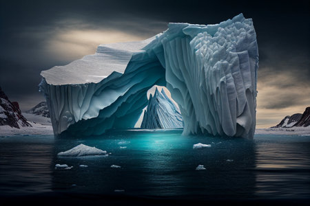 An iceberg floats in water. Landscape with an iceberg. AI Generatedの素材