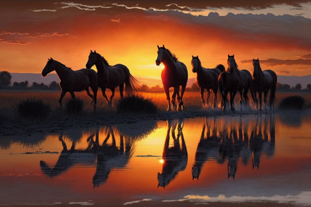 horses at sunset. AI Generatedの素材