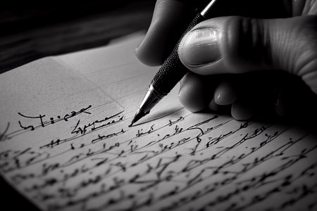 A hand holds a pen and writes. AI Generatedの素材