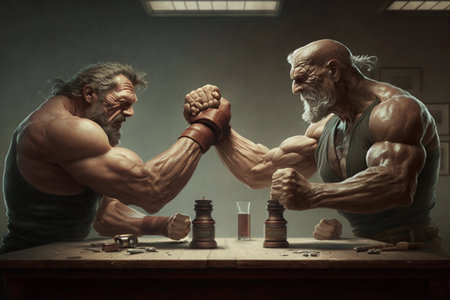 Arm wrestling and competition on the arms of muscular men. AI Generatedの素材